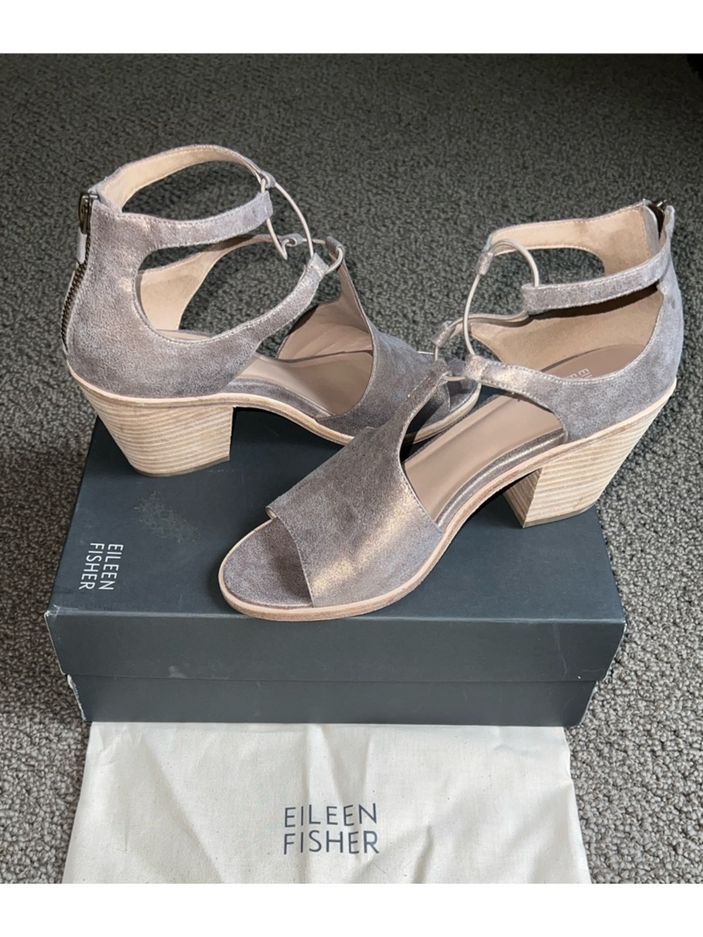 Eileen Fisher Gray Metallic Suede Block Heel Sandals